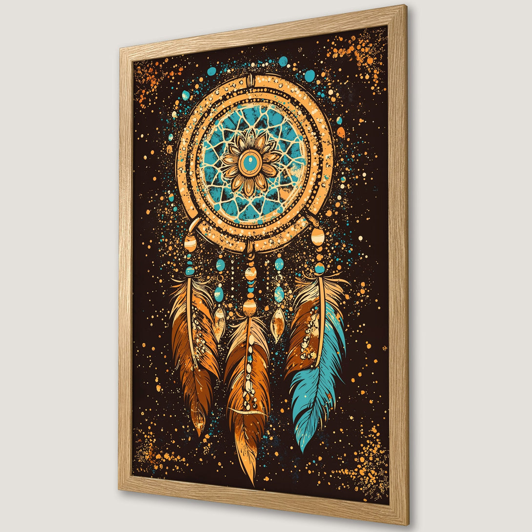 Framed Poster featuring a dreamcatcher design in a vibrant, bohemian style with a warm, earthy color palette. Perfect wall art!