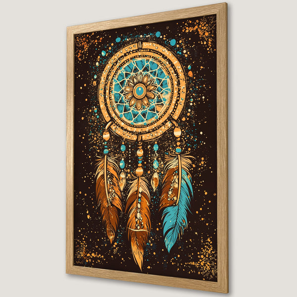 Framed Poster featuring a dreamcatcher design in a vibrant, bohemian style with a warm, earthy color palette. Perfect wall art!