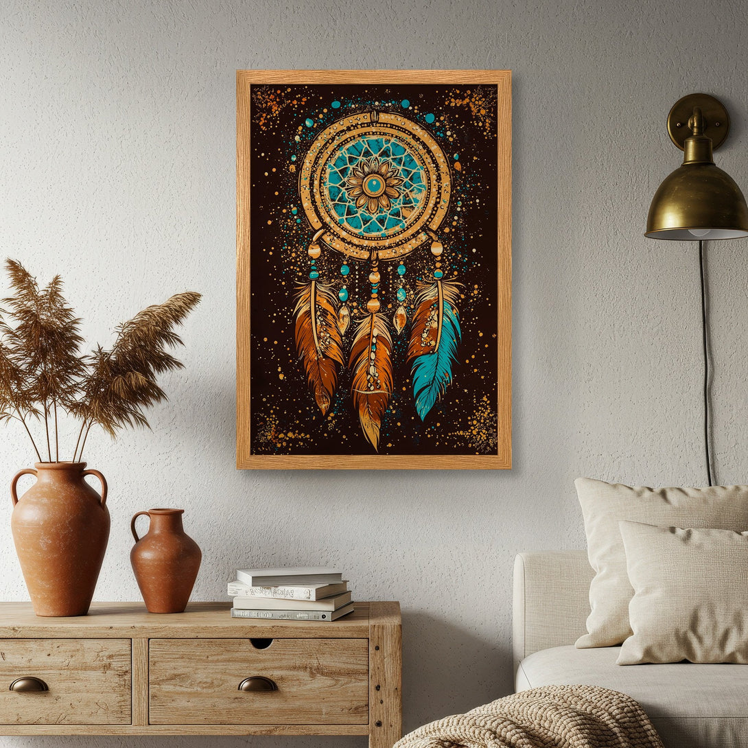 Framed Poster featuring a dreamcatcher design. Bohemian style with a warm brown, teal, and gold color palette. Perfect wall art!