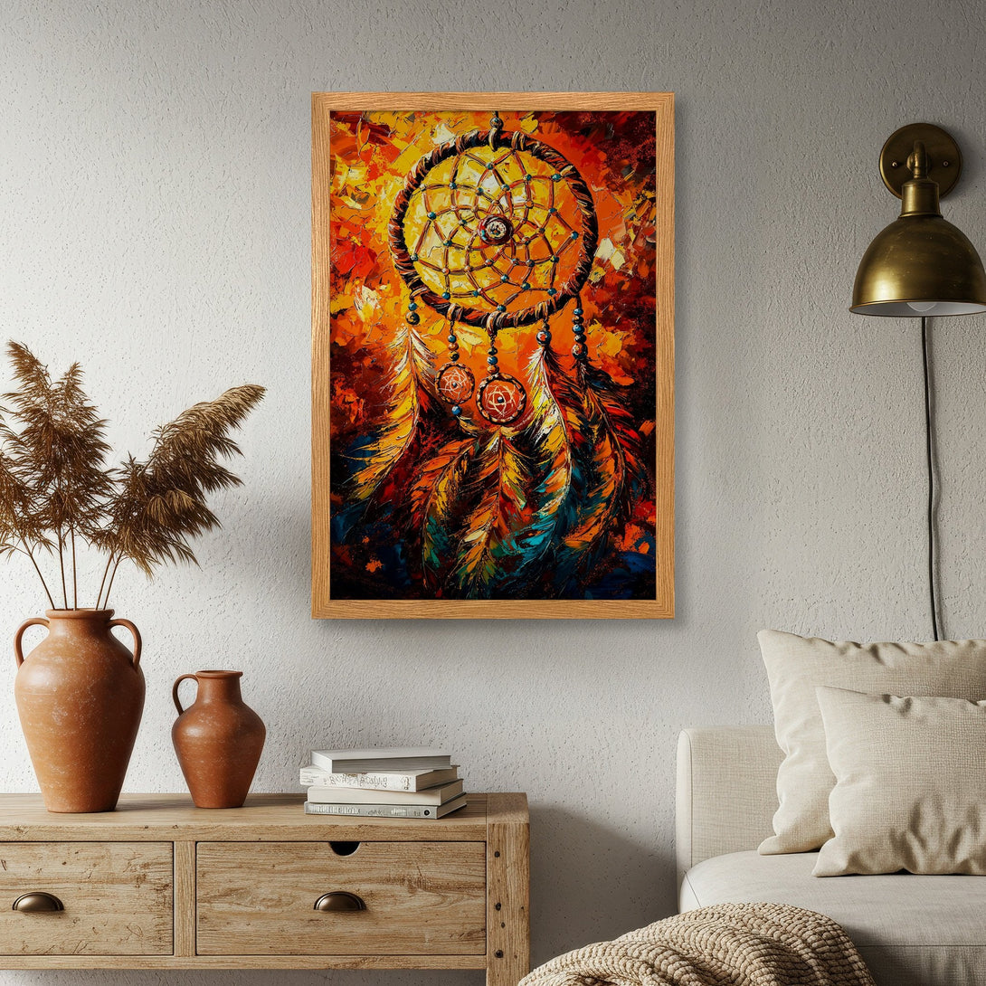 Framed Poster featuring a dreamcatcher in vibrant orange, yellow, and blue hues. A beautiful, artistic addition to any room.
