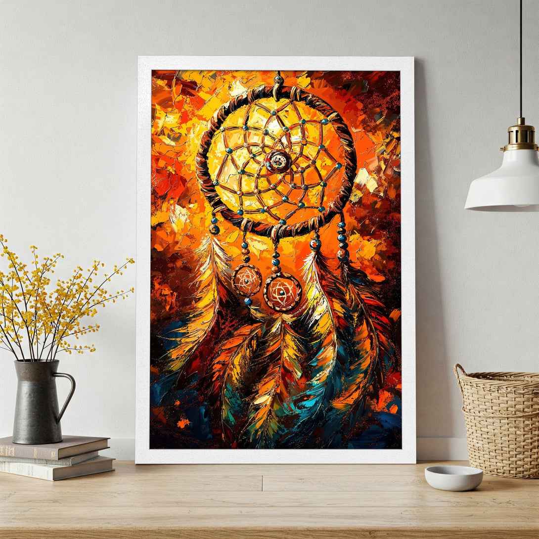 Framed Poster of a dreamcatcher in vibrant orange, yellow, and blue abstract style. Perfect wall art for any space.
