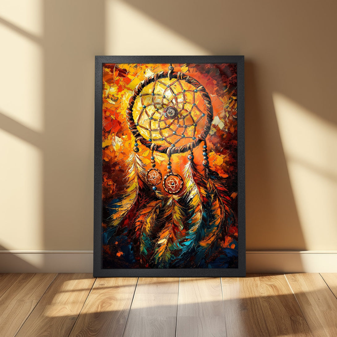 Framed Poster featuring a vibrant dreamcatcher painting in an impressionistic style with warm orange, yellow, and blue hues. Perfect wall art!
