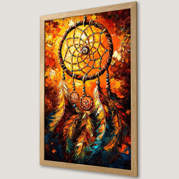 Framed Poster featuring a dreamcatcher in a vibrant, impressionistic style with warm orange and red tones. Perfect wall art!