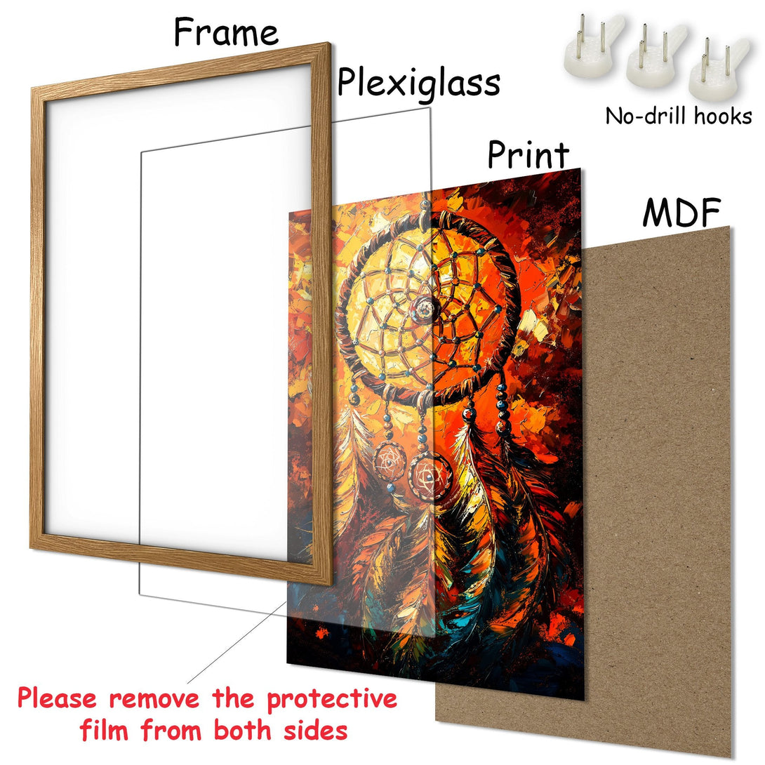 Framed Poster featuring a dreamcatcher in vibrant orange and blue hues. Artistic style, perfect wall decor.