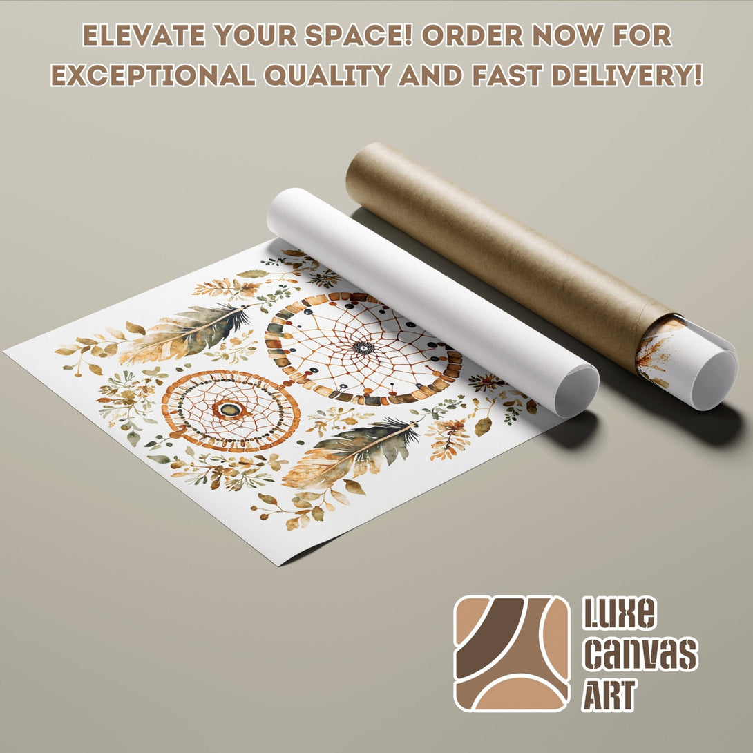 Dreamcatcher Poster Roll in warm earthy tones. Watercolor style art print for boho decor. Elevate your space!