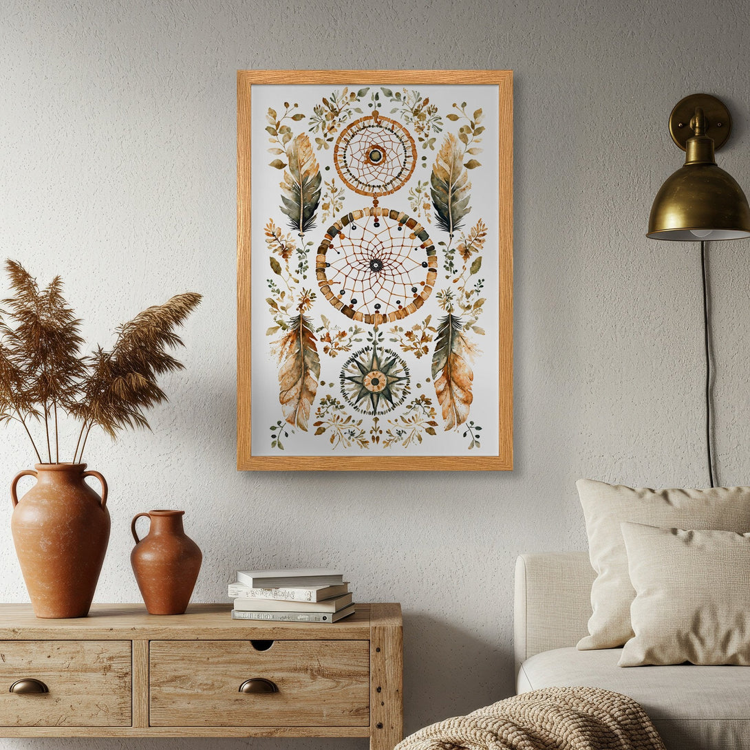 Framed Poster featuring a watercolor dreamcatcher design in earthy tones. Perfect boho wall art for your home!