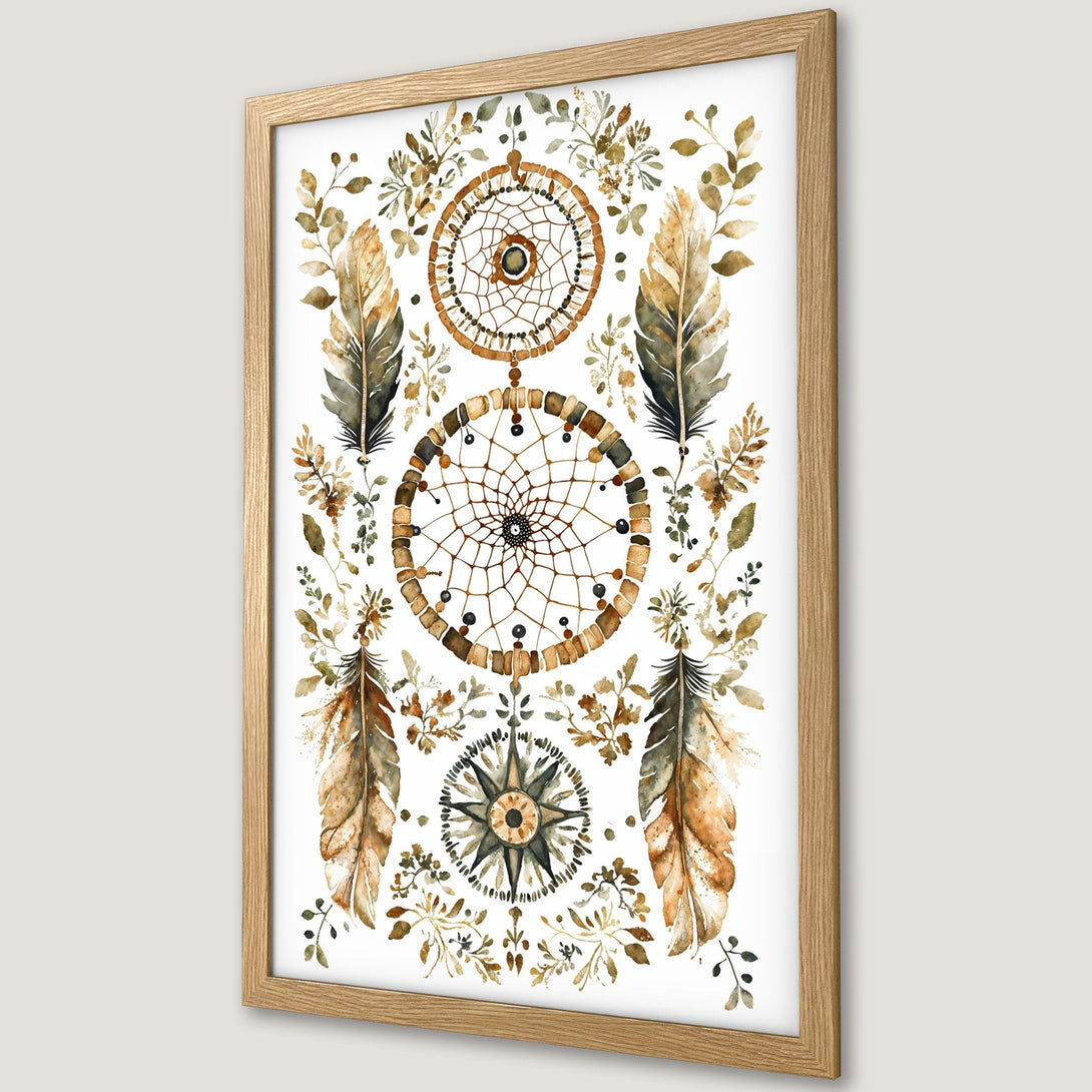 Framed Poster featuring watercolor dreamcatchers, feathers, and botanical elements in a warm, earthy color palette. Perfect boho wall art!
