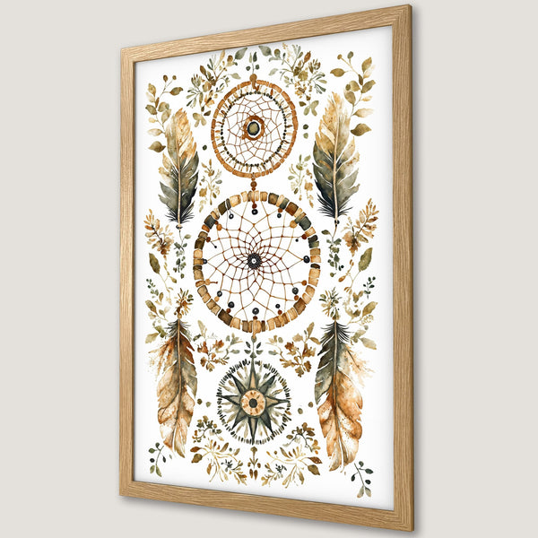 Framed Poster featuring watercolor dreamcatchers, feathers, and botanical elements in a warm, earthy color palette. Perfect boho wall art!