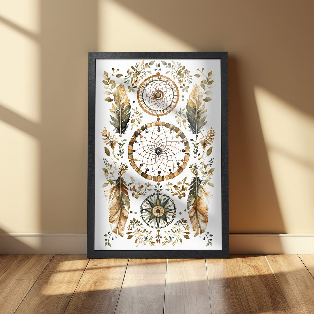 Framed Poster featuring watercolor dream catchers and feathers in a warm, earthy color palette, perfect for boho decor.