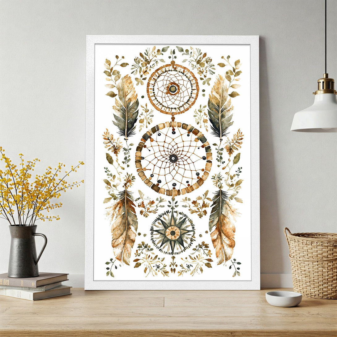 Framed Poster featuring a watercolor dreamcatcher design. Boho style with earthy tones of brown, green, and gold. Perfect wall art!