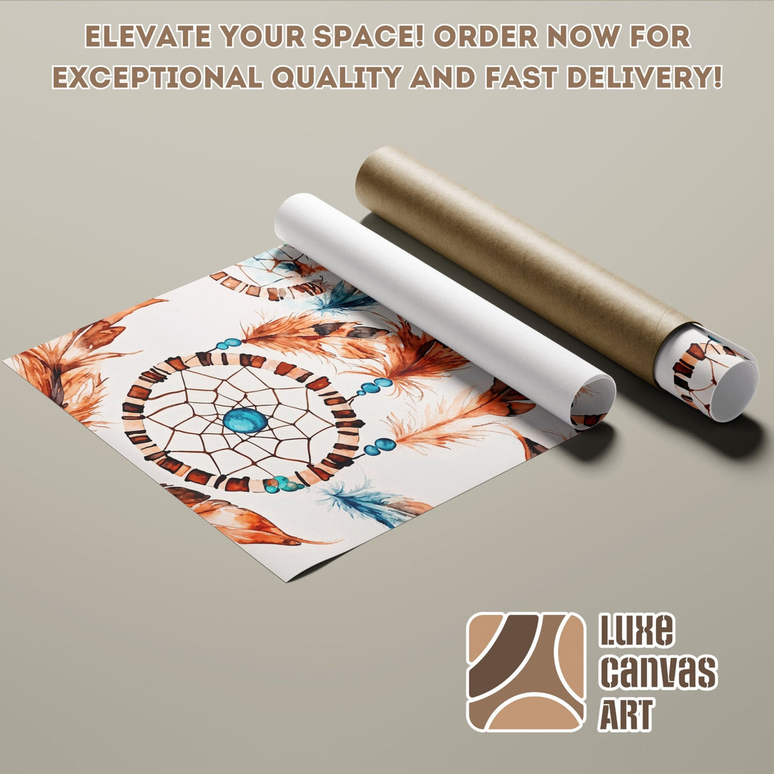 Poster Roll featuring a watercolor dreamcatcher design in warm earth tones and vibrant blues. Elevate your space with art!