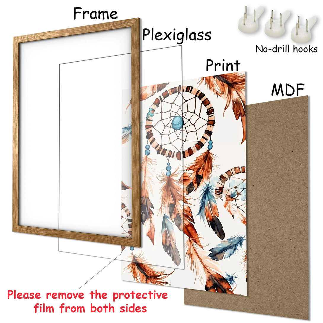 Framed Poster featuring a dreamcatcher design in watercolor style with a warm, earthy color palette. Perfect wall art!