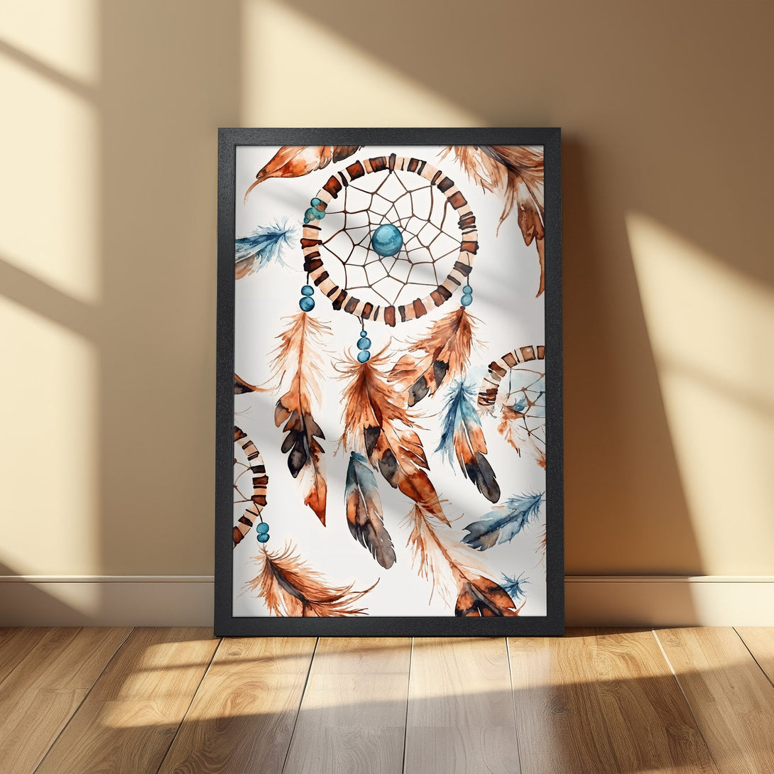 Framed Poster featuring watercolor dreamcatchers and feathers in warm brown, blue, and white hues. Boho wall art for your home.