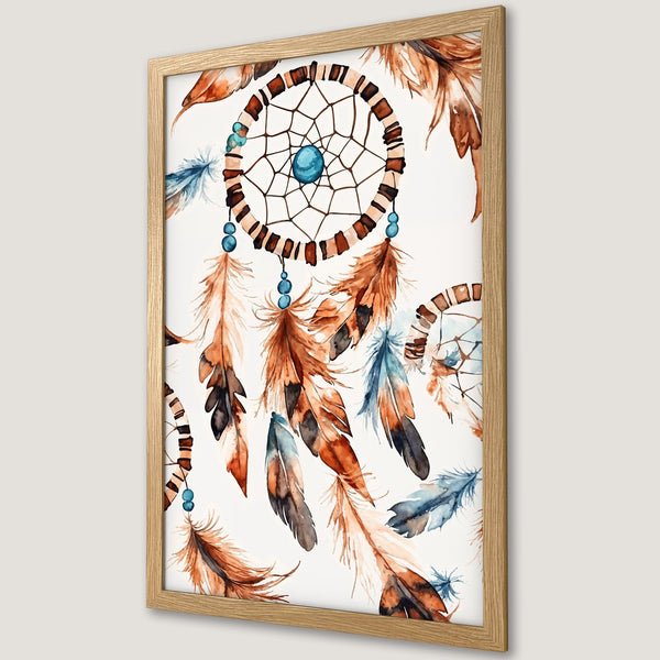 Framed Poster featuring a watercolor dreamcatcher with feathers in warm brown, blue, and white tones. Bohemian style art print.