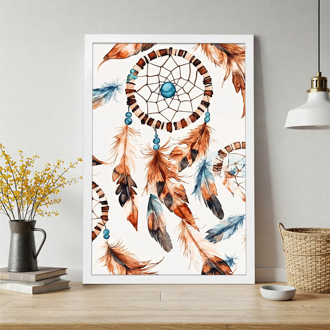 Framed Poster featuring a watercolor dreamcatcher with feathers in warm brown, blue, and white tones. Boho wall art for your home!
