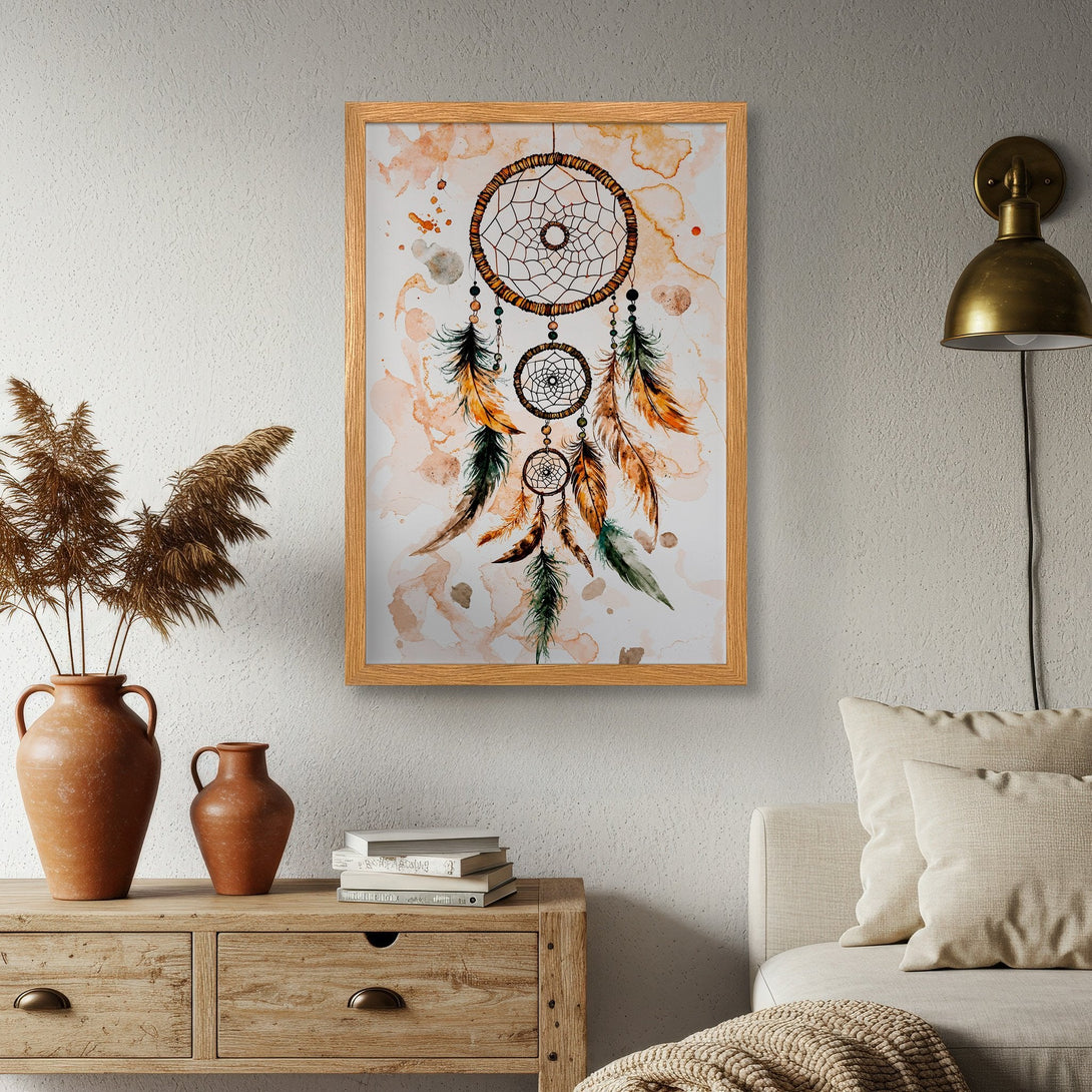 Framed Poster featuring a dreamcatcher design in watercolor style with warm earth tones. Perfect wall art for bohemian decor.