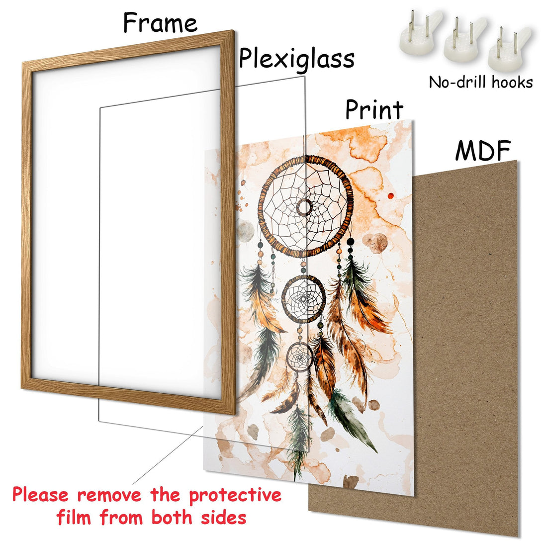 Framed Poster featuring a dreamcatcher design in watercolor style with a warm, earthy color palette. Perfect wall art!