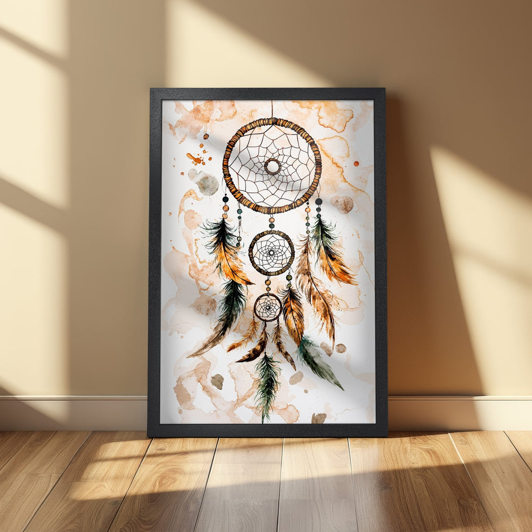 Framed Poster featuring a watercolor dreamcatcher in earthy tones. Boho wall art for a stylish home.