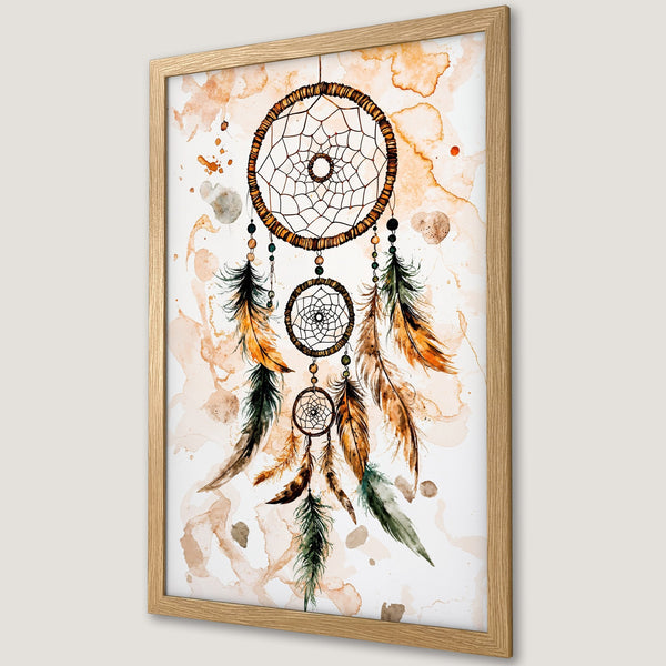 Framed Poster featuring a watercolor dreamcatcher in earthy tones. Boho wall art, perfect for adding a touch of serenity to your space.