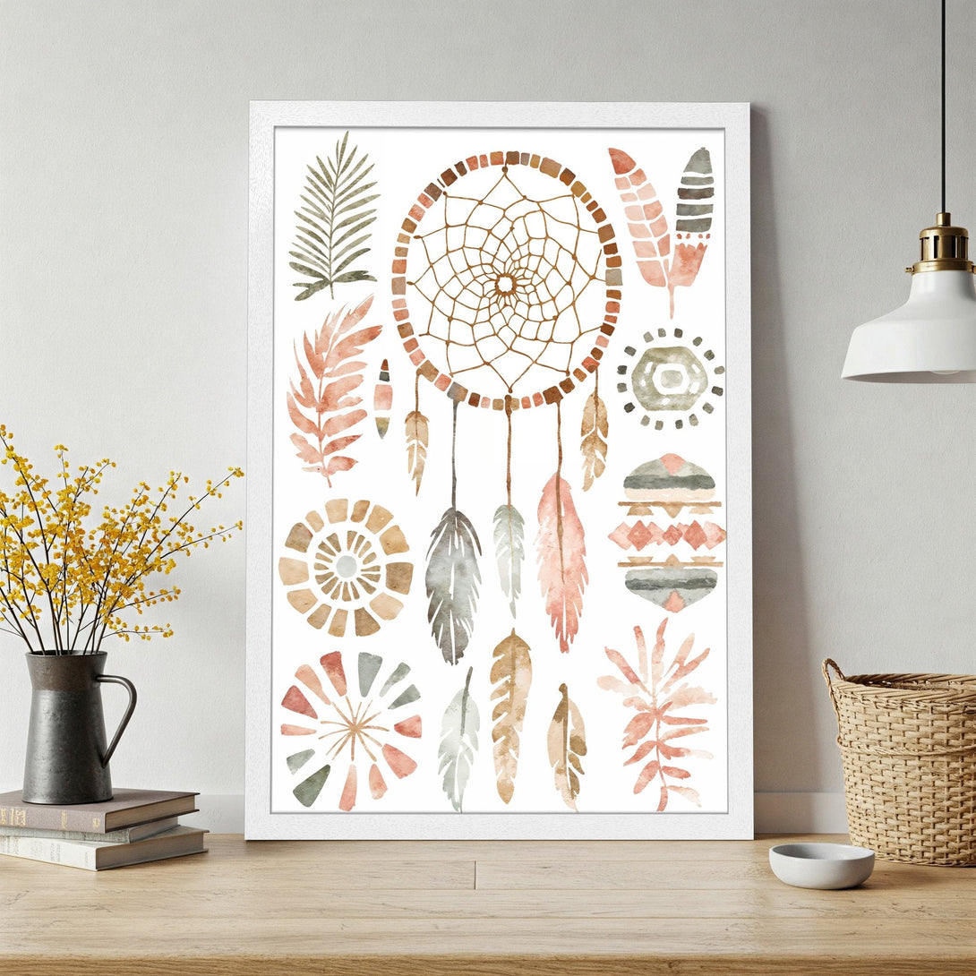 Framed Poster featuring a watercolor dreamcatcher design in earthy tones. Bohemian style art print for home decor.
