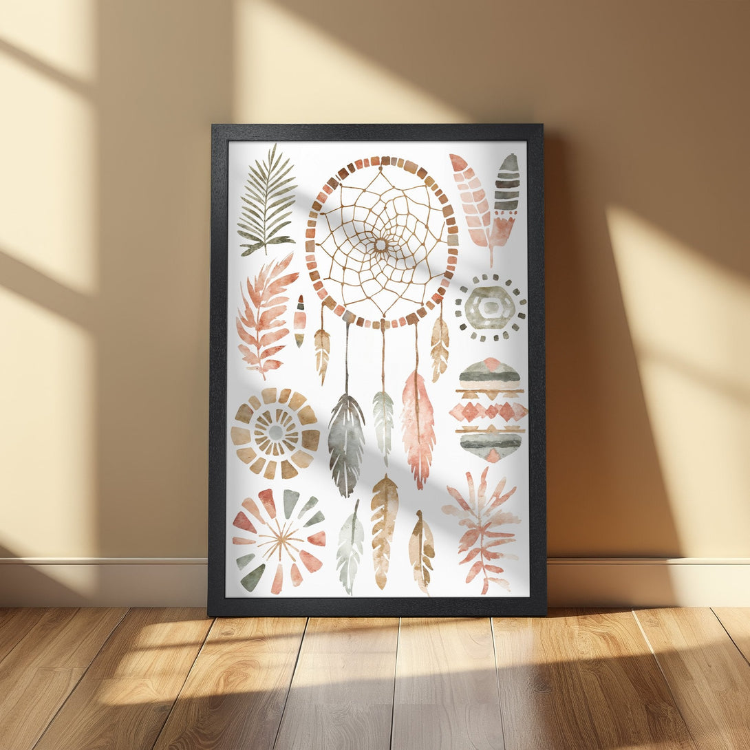 Framed Poster featuring a watercolor dreamcatcher and boho elements in earthy tones. Perfect wall art decor.