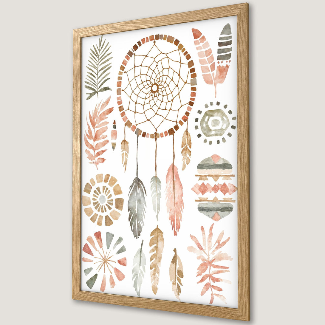 Framed Poster featuring a watercolor dreamcatcher and boho elements in a warm, earthy color palette. Perfect wall art!