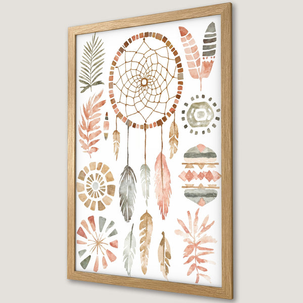 Framed Poster featuring a watercolor dreamcatcher and boho elements in a warm, earthy color palette. Perfect wall art!