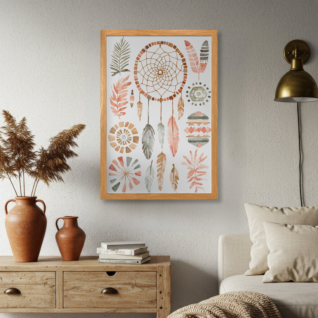 Framed Poster featuring a watercolor dreamcatcher design in warm earthy tones. Perfect boho wall art for any space!