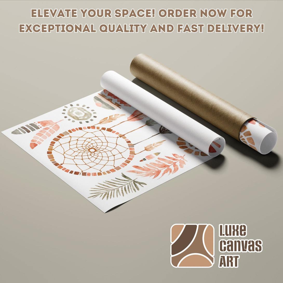 Boho dreamcatcher Poster Roll art print in watercolor style, earth tone palette. Elevate your space with Luxe Canvas Art!