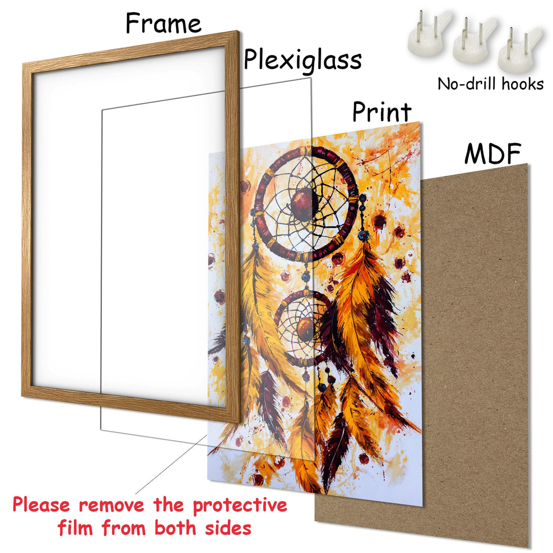 Framed Poster featuring a dreamcatcher in vibrant orange and brown hues. Modern art print for your wall decor.