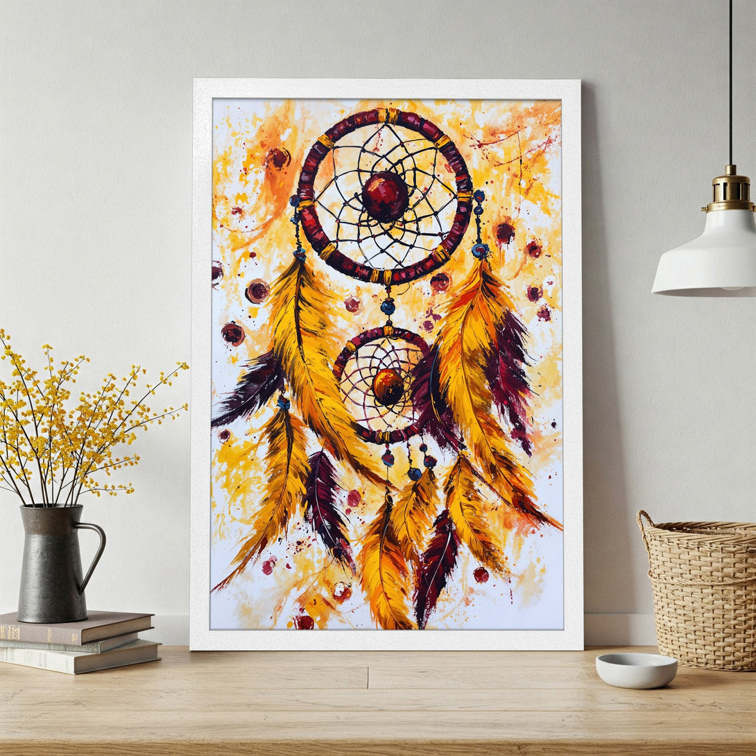 Framed Poster featuring a vibrant dreamcatcher painting in a warm yellow, orange, and burgundy color palette. Perfect wall art for your home!