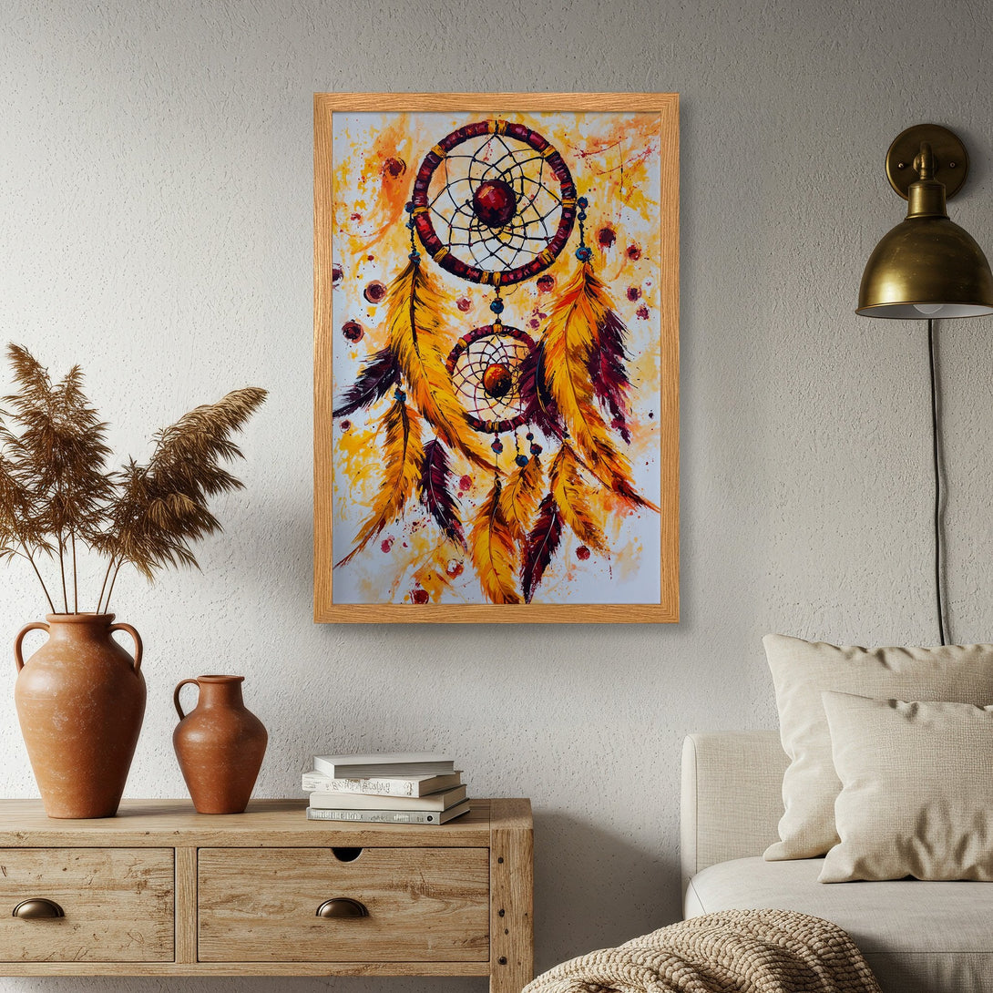 Framed Poster featuring a dreamcatcher in a vibrant, abstract style with a warm yellow and red color palette. Perfect wall art!