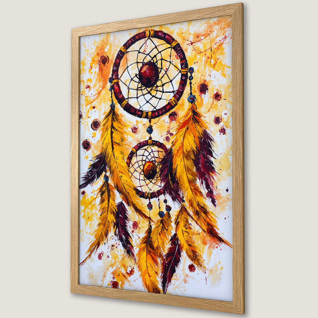 Framed Poster featuring a vibrant dreamcatcher painting in warm yellow, orange, and red hues. Modern art style for your home decor.