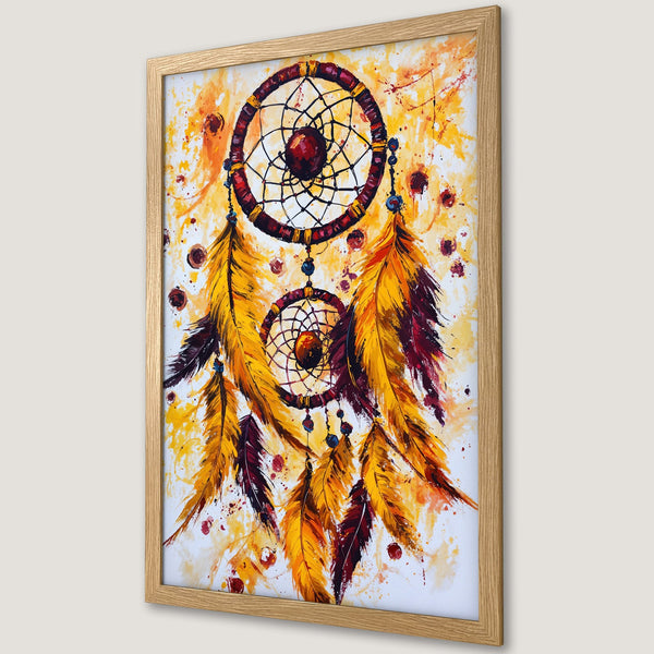 Framed Poster featuring a vibrant dreamcatcher painting in warm yellow, orange, and red hues. Modern art style for your home decor.
