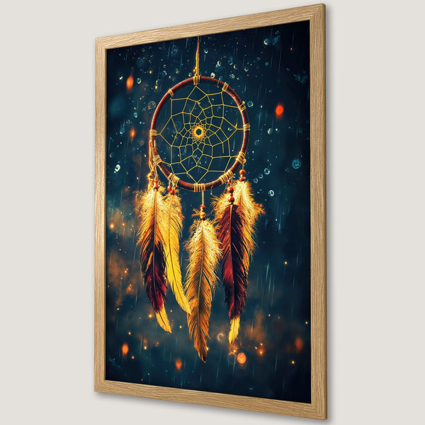 Framed Poster featuring a dreamcatcher with feathers, in a mystical style with a dark blue and gold color palette. Perfect wall art.