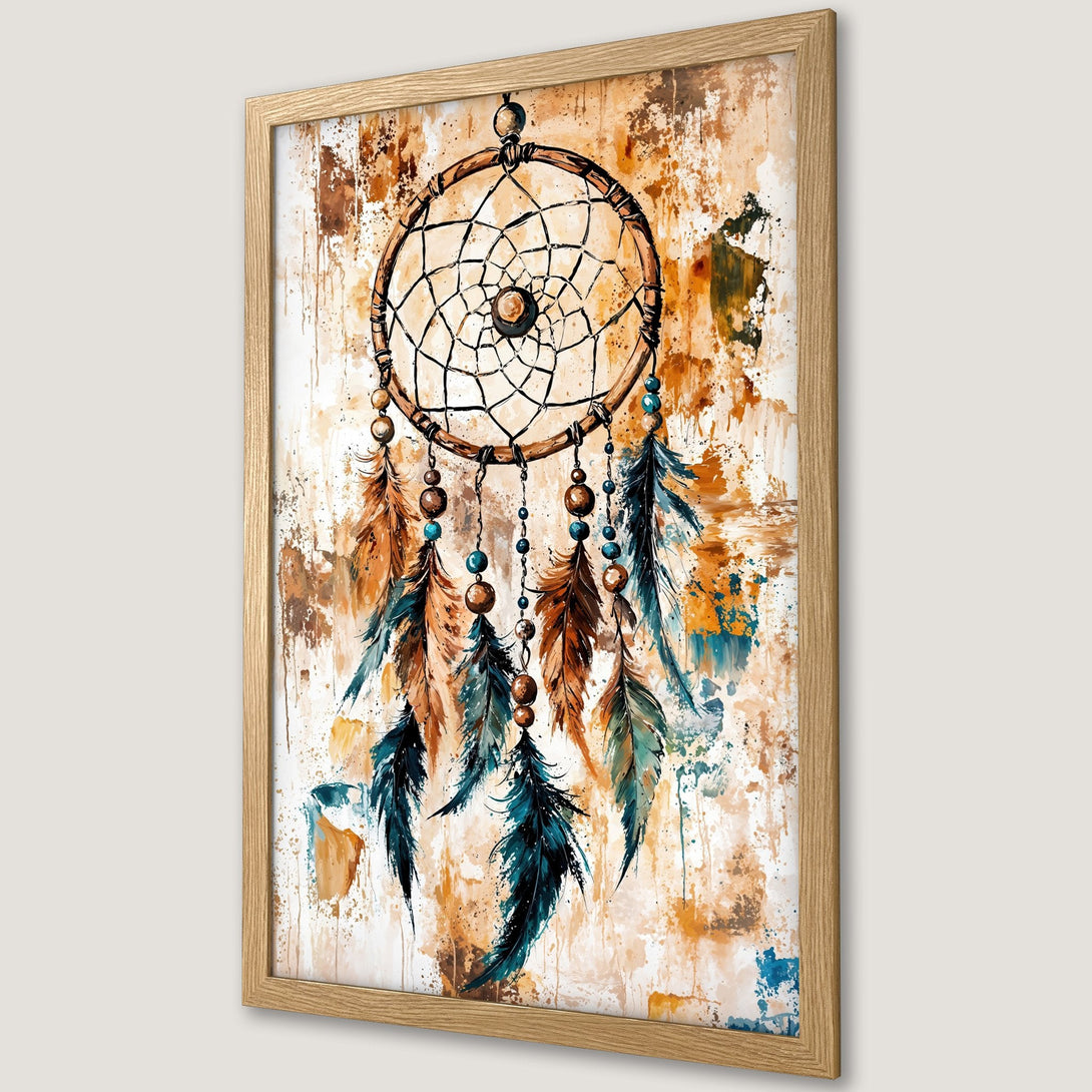 Framed Poster featuring a watercolor dreamcatcher in earthy tones. Bohemian style art print with a warm, inviting color palette. Perfect wall decor!
