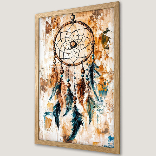 Framed Poster featuring a watercolor dreamcatcher in earthy tones. Bohemian style art print with a warm, inviting color palette. Perfect wall decor!