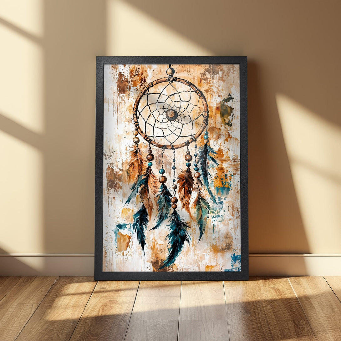Framed Poster featuring a dreamcatcher in watercolor style with brown, teal, and gold tones. Perfect wall art for bohemian decor.