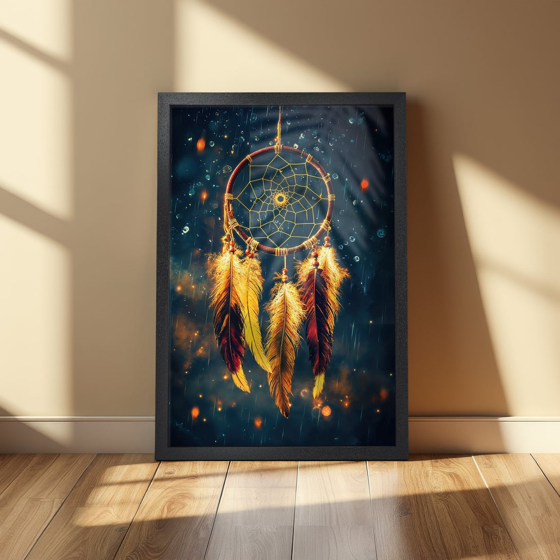 Framed Poster featuring a dreamcatcher in a boho style, with a blue and gold color palette. Perfect wall art!