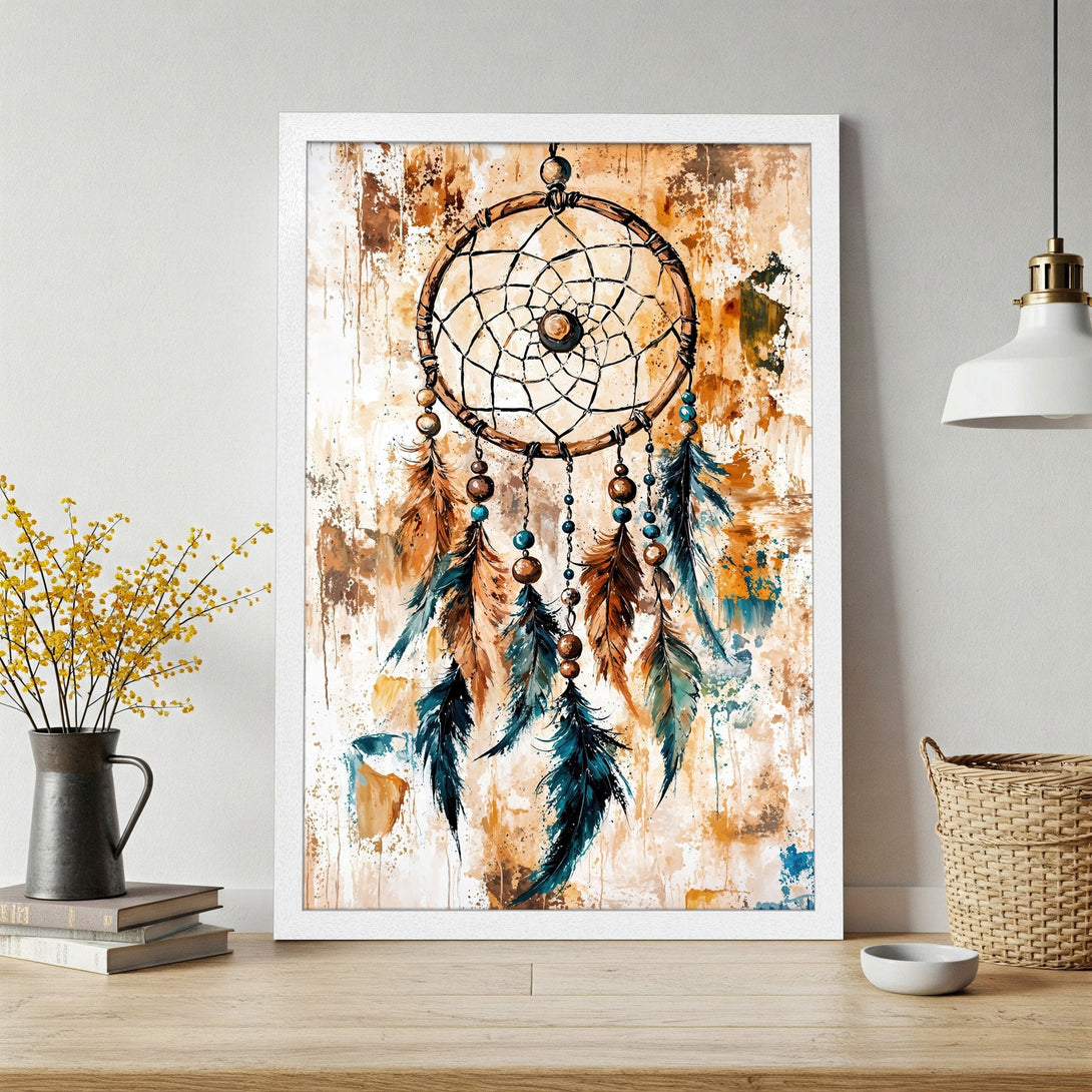 Framed Poster featuring a dreamcatcher in watercolor style with a warm, earthy color palette. Perfect boho wall art!