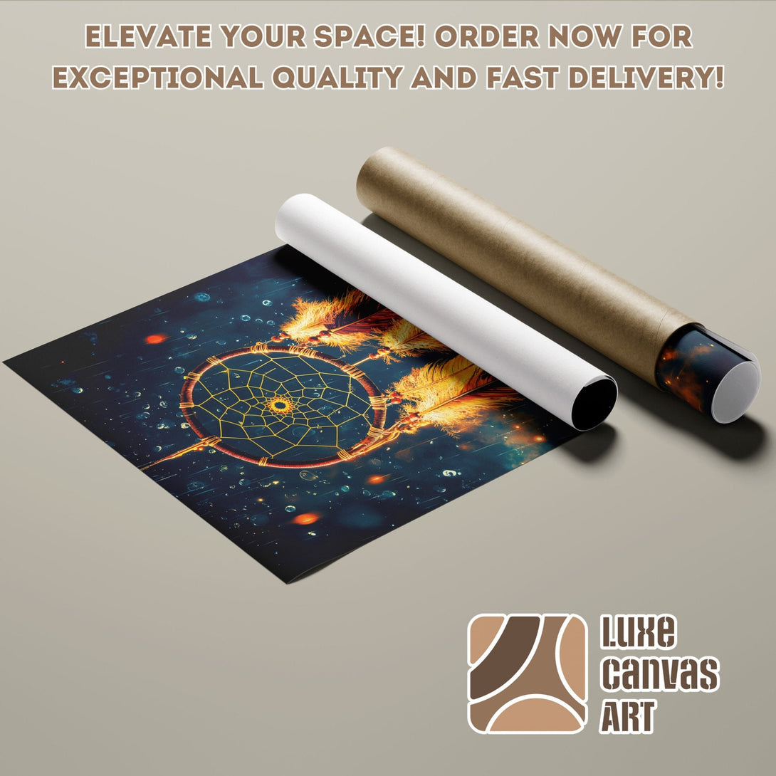 Poster Roll featuring a dreamcatcher design in a dark blue and gold color palette. Perfect wall art!
