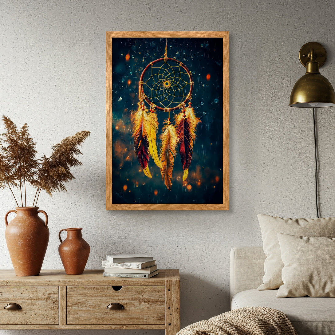 Framed Poster featuring a dreamcatcher in a mystical style with warm, earthy tones. Perfect wall art for your home!
