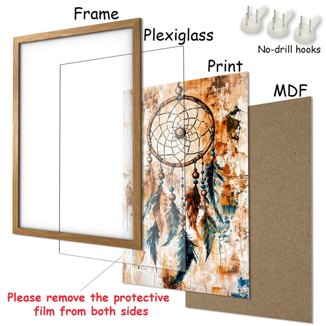 Framed Poster featuring a dreamcatcher in watercolor style with warm brown, teal, and beige tones. Perfect wall art for your home!