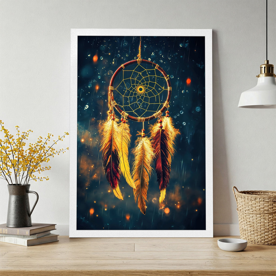 Framed Poster featuring a dreamcatcher with a mystical, artistic style. Dark blue and gold color palette adds a touch of magic to any room.