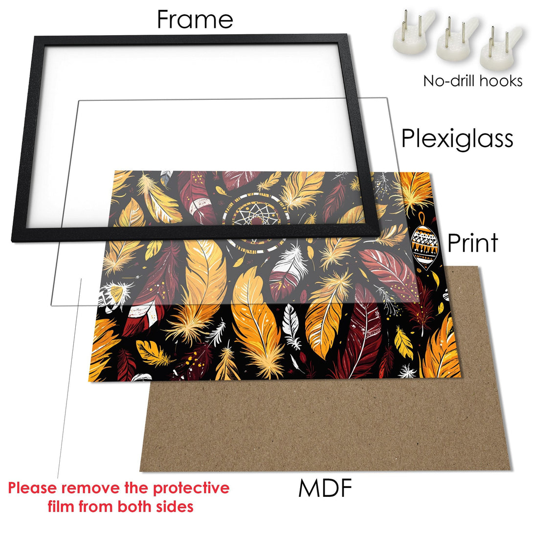 Framed Poster with feather design in warm colors. Boho style art print, perfect for home decor.