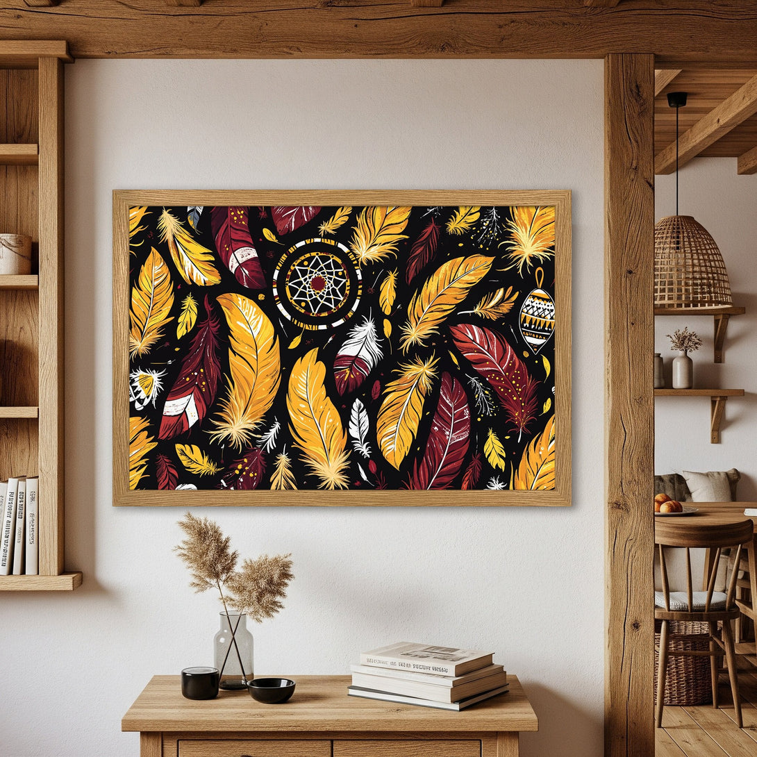 Framed Poster featuring a vibrant feather design in yellow, red, and white against a black background. Bohemian style art print.