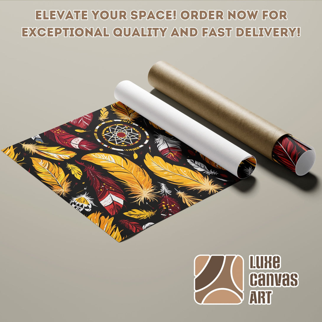 Poster Roll featuring a vibrant feather & dreamcatcher design, in a warm yellow, red, and black color palette.