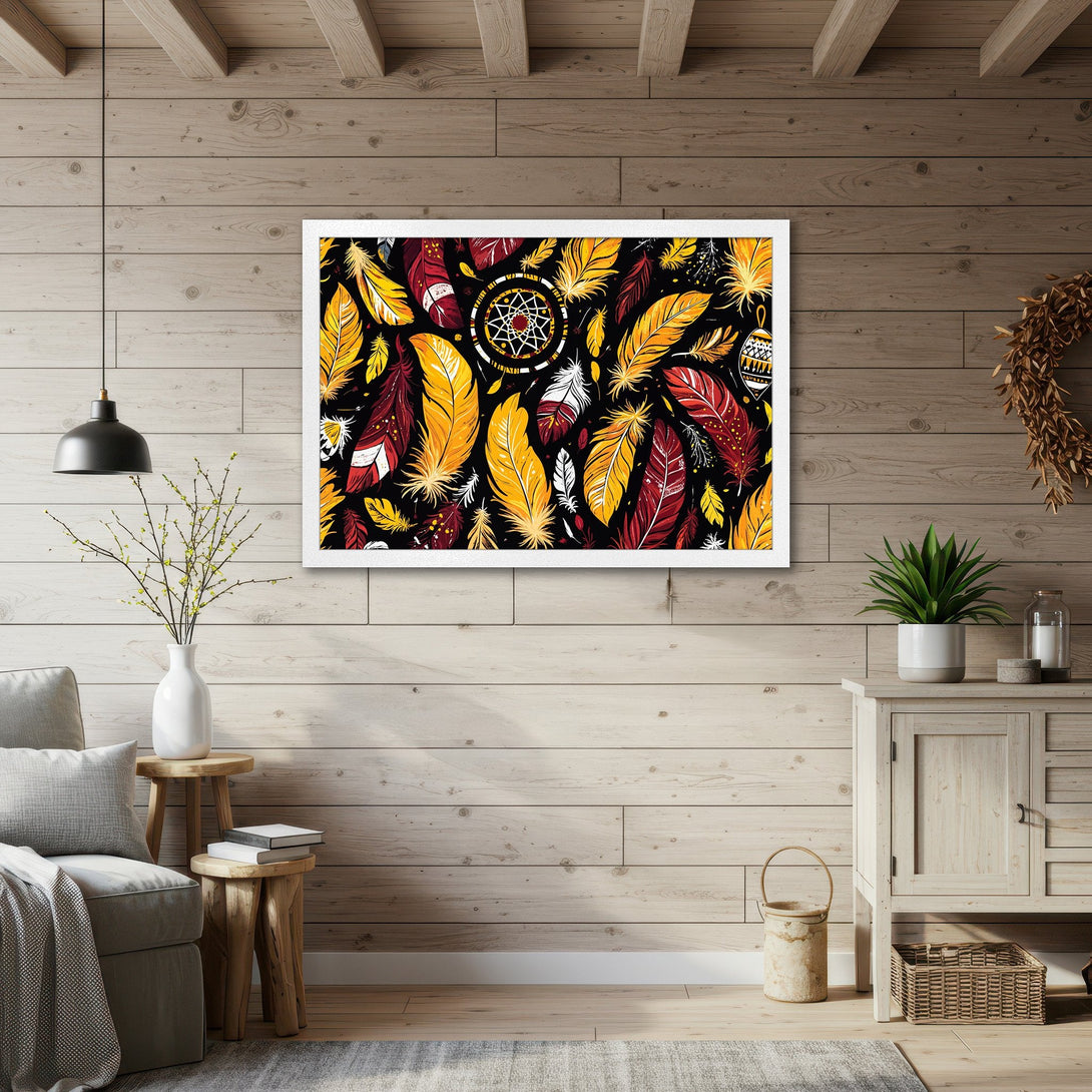 Framed Poster featuring a vibrant feather design in warm yellow, red, and black. Bohemian style art print for your home decor.