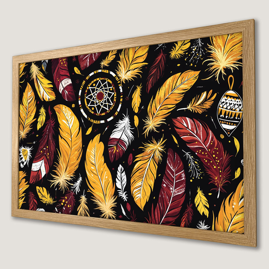 Framed Poster featuring a vibrant feather design in yellow, red, and white against a black background. Perfect boho wall art.