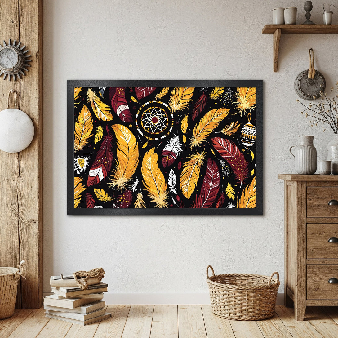 Framed Poster featuring a vibrant feather design in yellow, red, and black. Perfect boho wall art!
